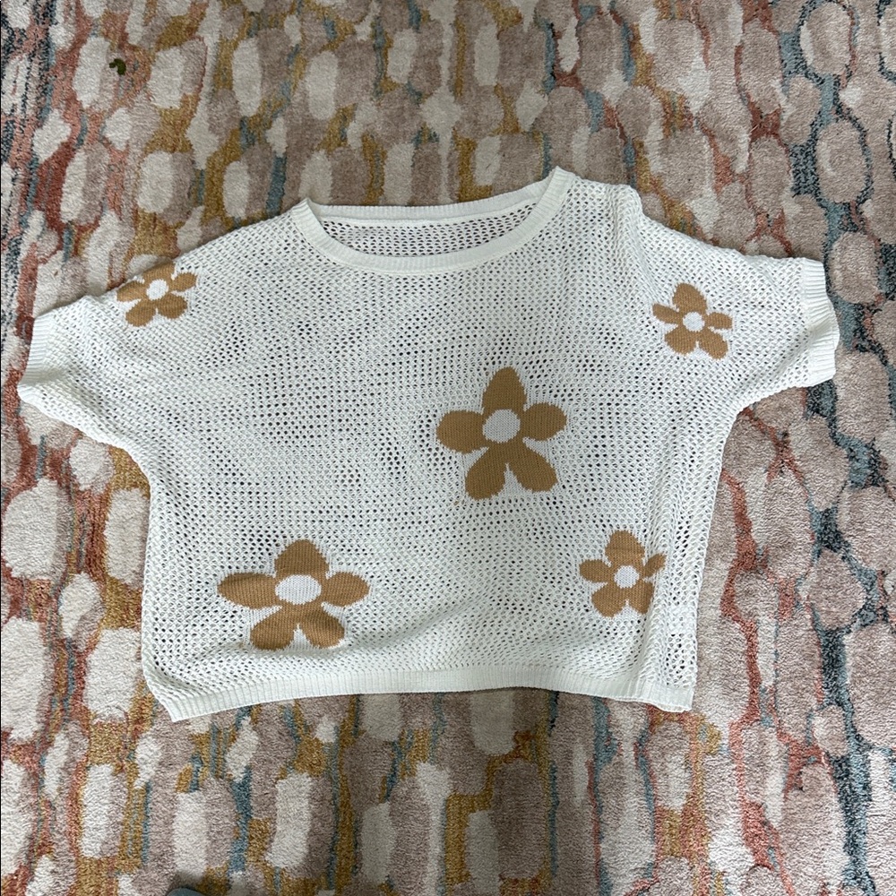 White Knit Top with Brown Flower Accents